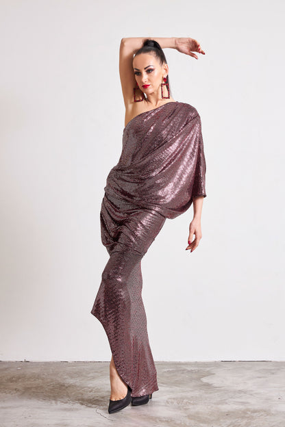 Asymmetric Bat Wing Sleeve Evening Dress