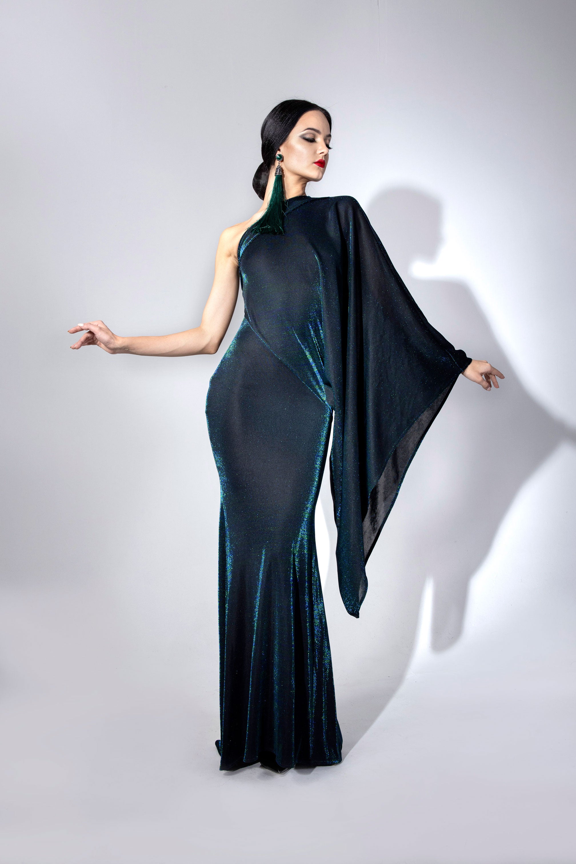 Asymmetric Cape Sleeve Evening Dress