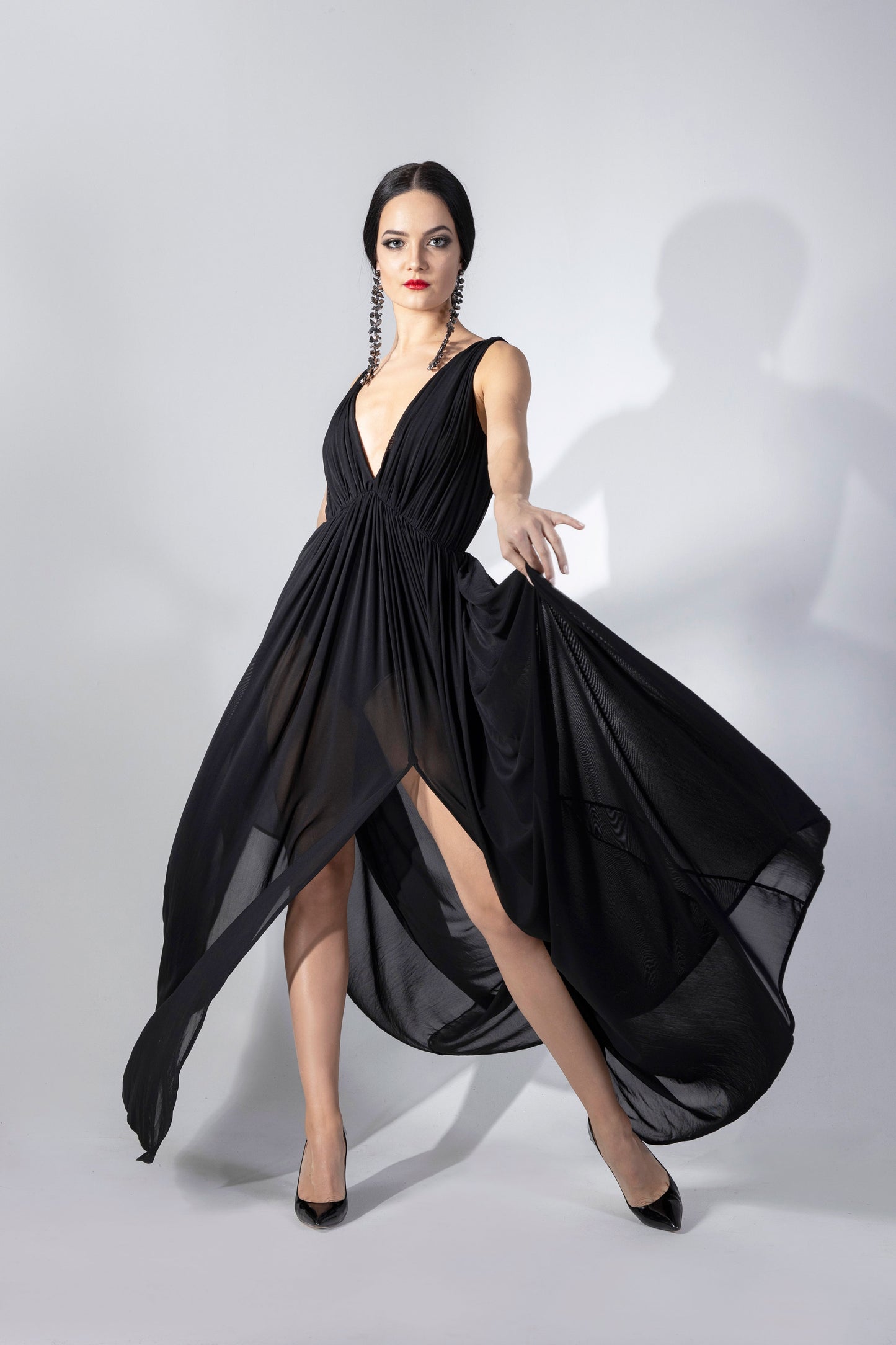 Deep-V Pleated Evening Dress