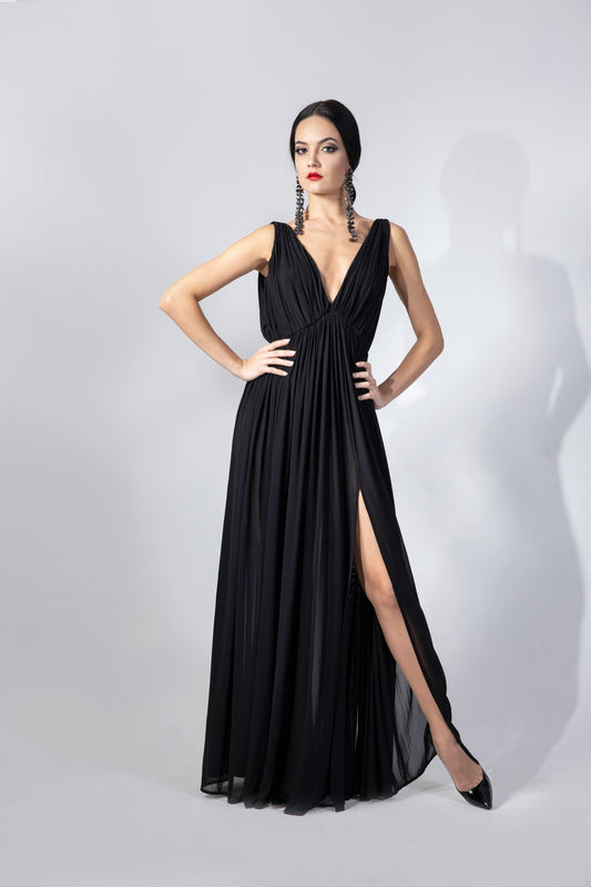 Deep-V Pleated Evening Dress