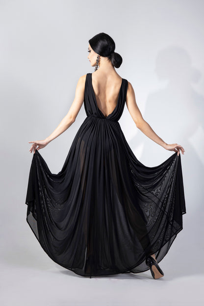 Deep-V Pleated Evening Dress