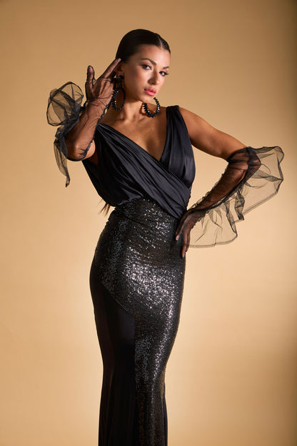 Sleeveless V-Neckline Sequin Black Evening Dress