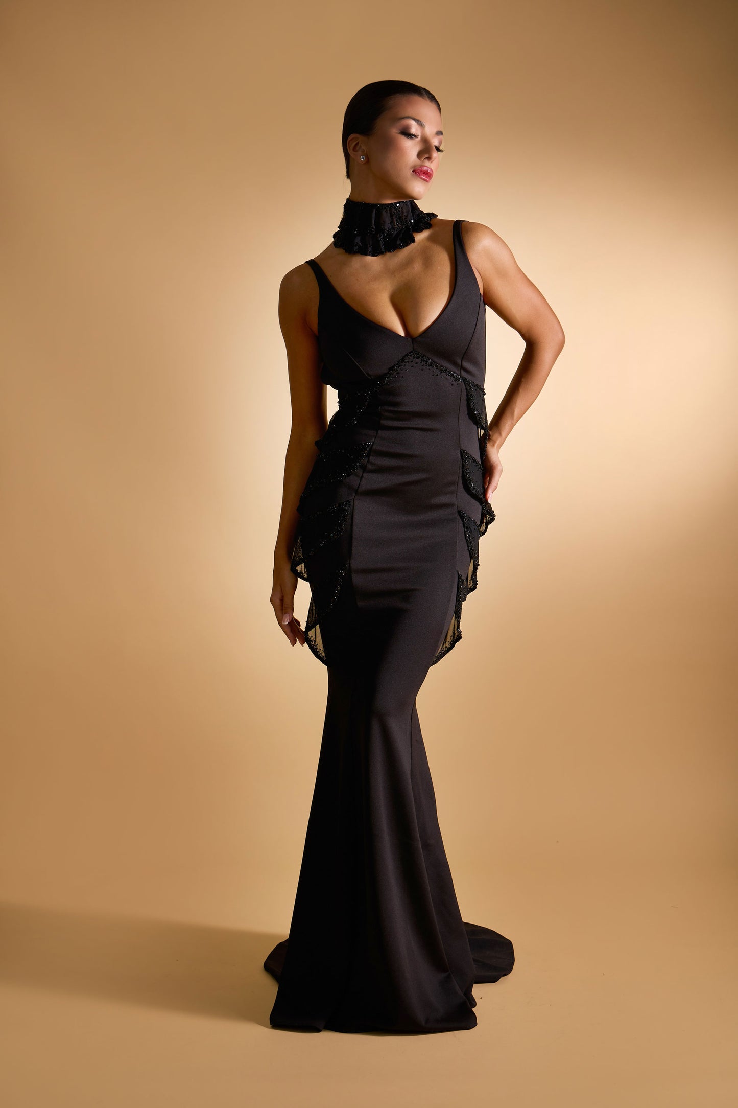 Deep-V Evening Dress with Choker