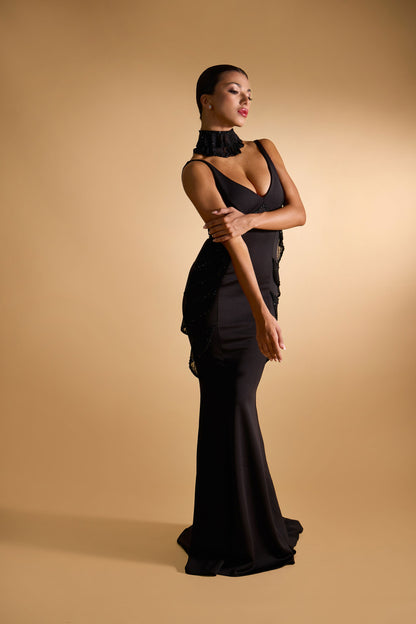 Deep-V Evening Dress with Choker