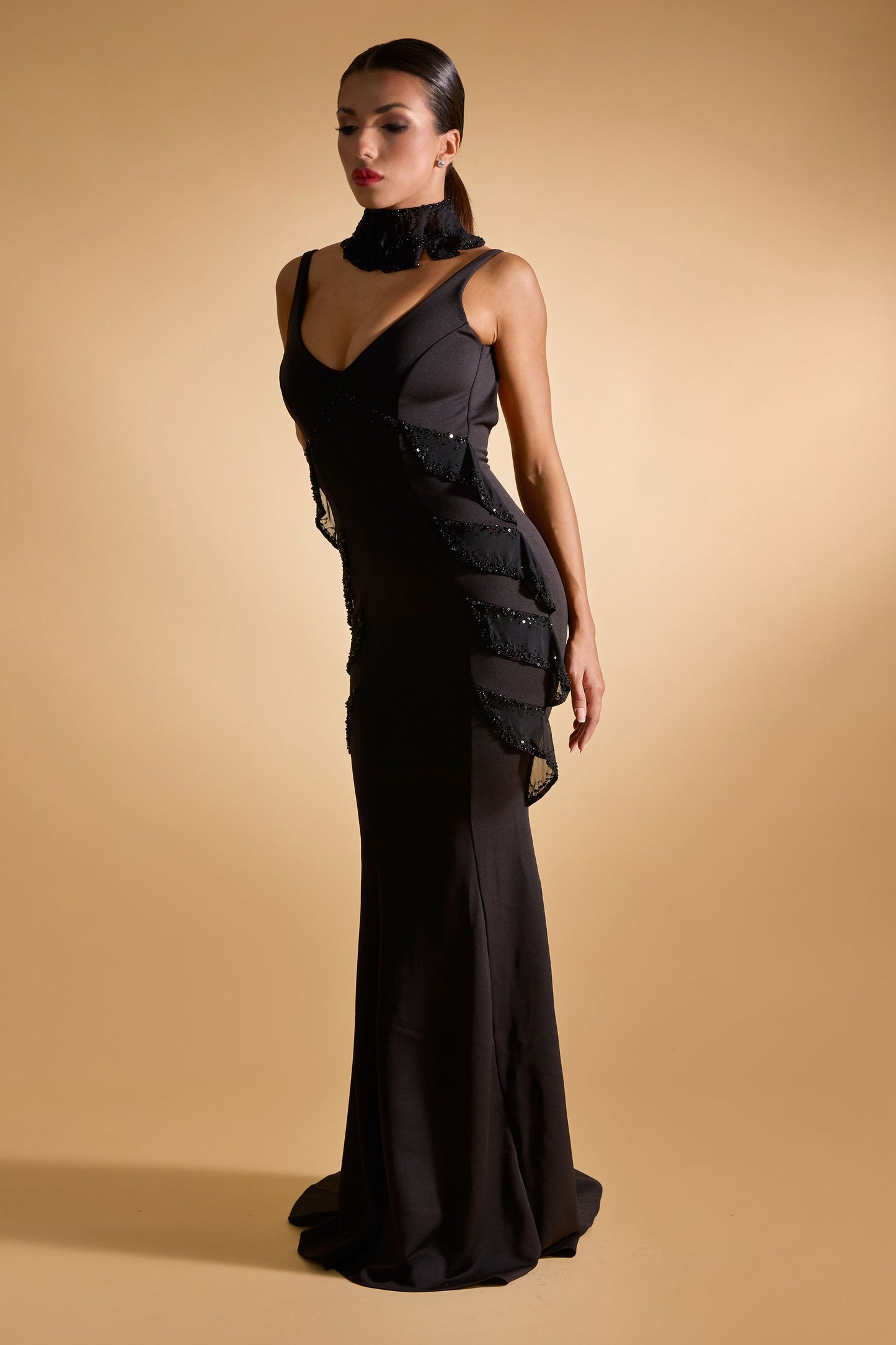 Deep-V Evening Dress with Choker