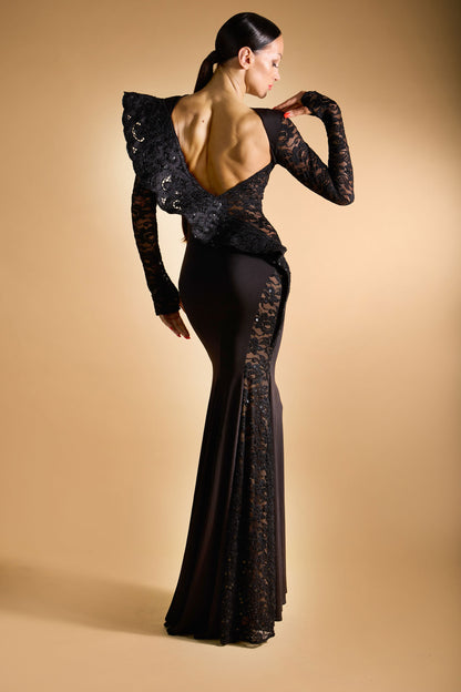 Beaded Lace Open Back Evening Dress