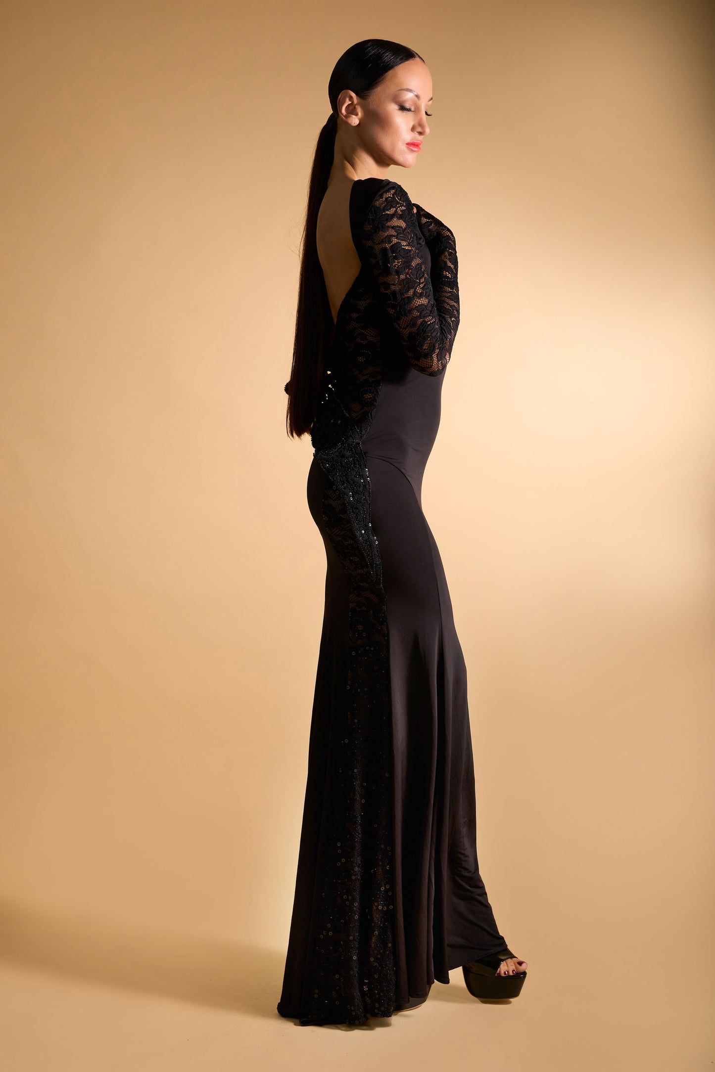 Beaded Lace Open Back Evening Dress