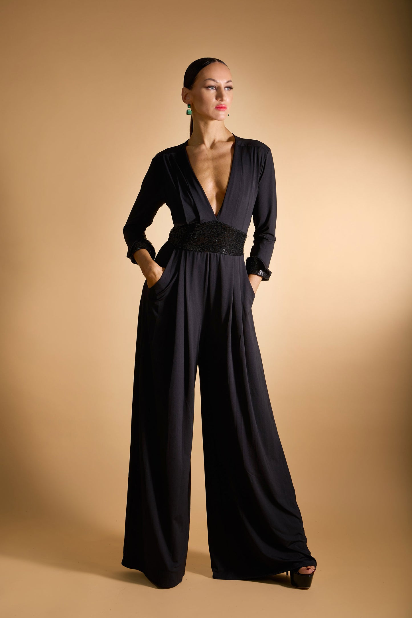 Deep-V Long Sleeves Sequin Jumpsuit