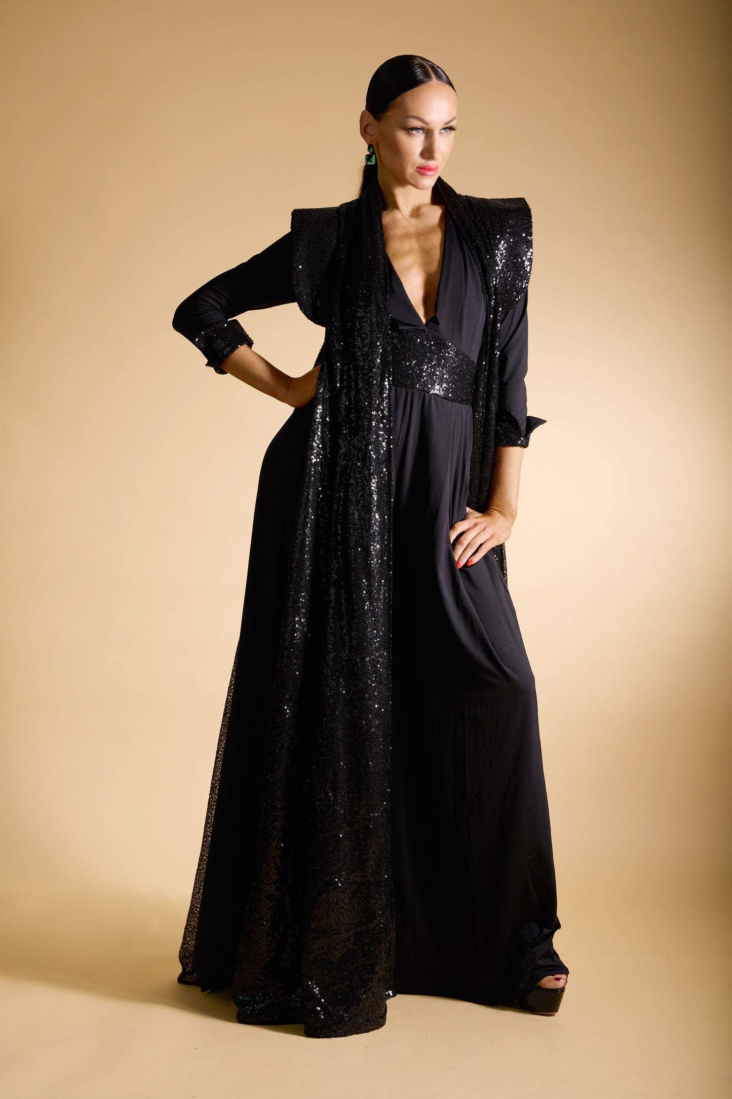 Deep-V Long Sleeves Sequin Jumpsuit